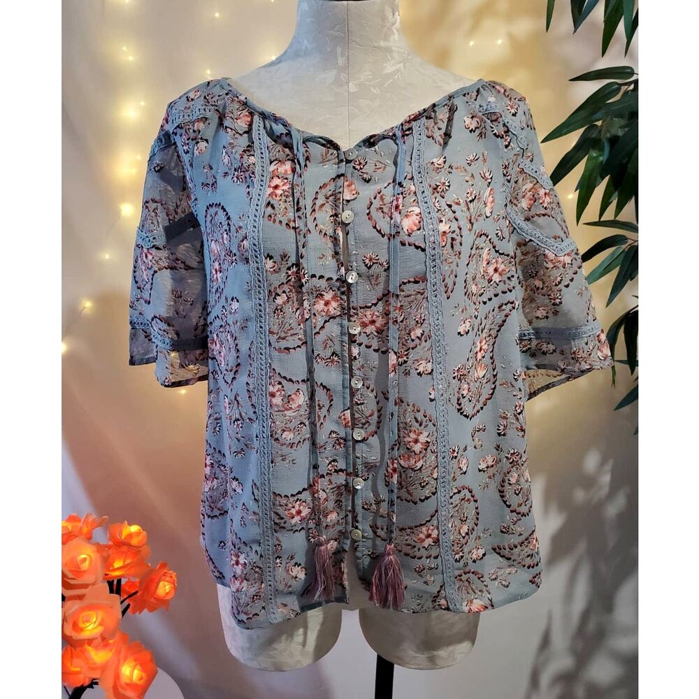 Knox Rose Floral Sheer Cottagecore Button-Up Paisley Peasant Blouse Women's XS